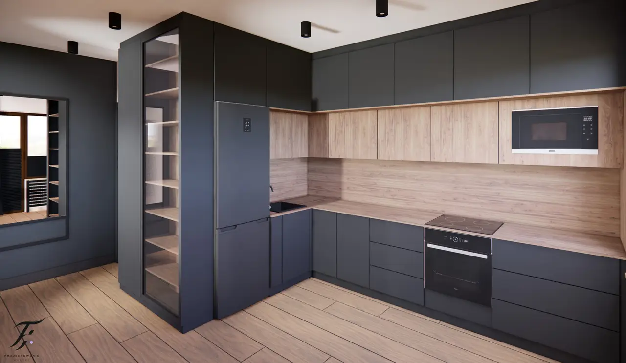 kawalerka czarna kuchnia z drewnem 